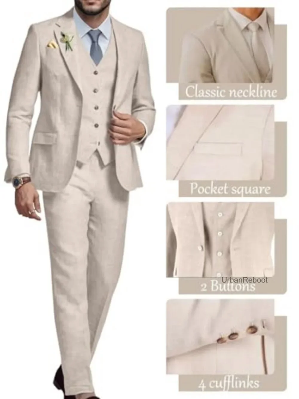 Men's 3-Piece Linen Blend Suit Slim Fit Summer Wedding Party Blazer Set
